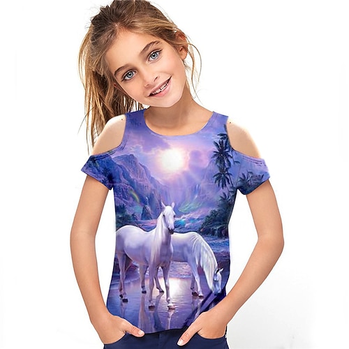 

Kids Girls' T shirt Animal Outdoor 3D Print Short Sleeve Hollow Out Active 3-12 Years Spring Purple