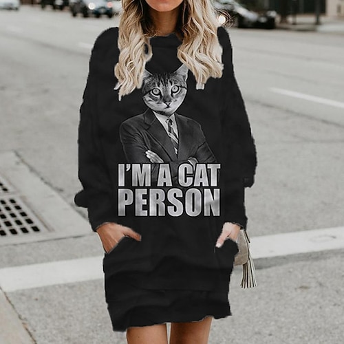 

Women's Shift Dress Short Mini Dress Black Long Sleeve Cat Letter Animal Pocket Print Fall Winter Hooded Casual 2022 S M L XL XXL 3XL