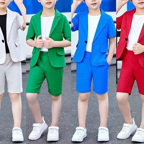 

2 Pieces Kids Boys Suit & Blazer ShortsSet Clothing Set Outfit Solid Color Short Sleeve Cotton Set School Gentle Preppy Style Spring Summer 3-12 Years Green Blue Red