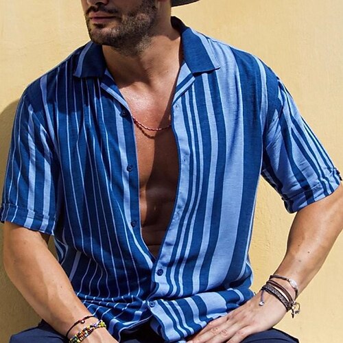

Men's Shirt Striped Turndown Street Daily Button-Down Short Sleeve Tops Casual Fashion Comfortable Beach Blue