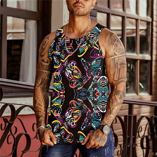 

Men's Tank Top Vest 3D Print Butterfly Graphic Prints Crew Neck Daily Sports Print Sleeveless Tops Designer Fashion Classic Comfortable Blue / Summer