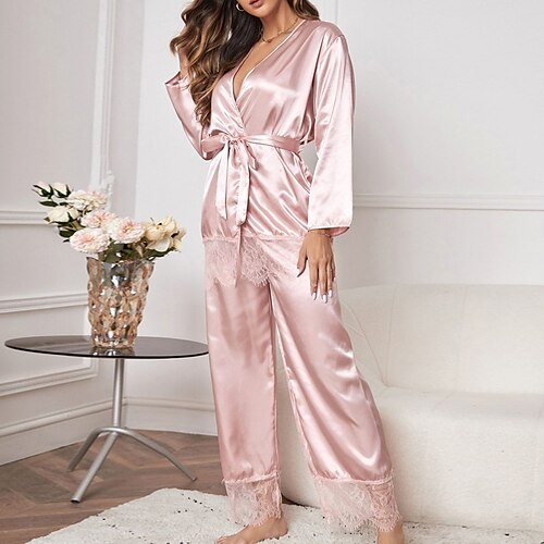 

Women's Loungewear Sets Nighty 2 Pieces Pure Color Fashion Simple Home Daily Going out Satin Breathable Gift V Wire Long Sleeve Pant Elastic Waist Print Fall Spring Pink / Silk