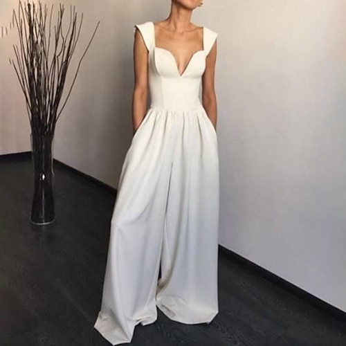 

Women's Jumpsuit Backless Pocket Solid Color V Neck Streetwear Party Going out Regular Fit Sleeveless White S M L Spring