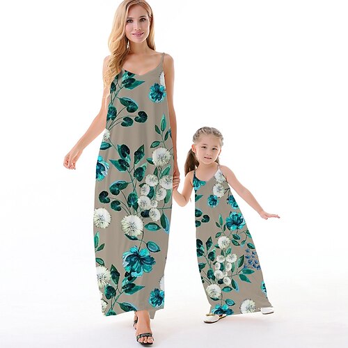 

Mommy and Me Dresses Floral Causal Backless Gray Sleeveless Maxi Strap Dress Active Matching Outfits