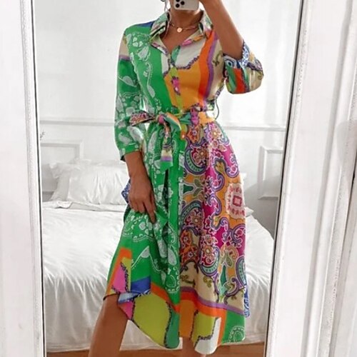 

Women's Shirt Dress Swing Dress Boho Dress Green Pink Dark Green Long Sleeve Floral Split Winter Fall Autumn Shirt Collar Winter Dress Weekend Fall Dress 2022 S M L XL