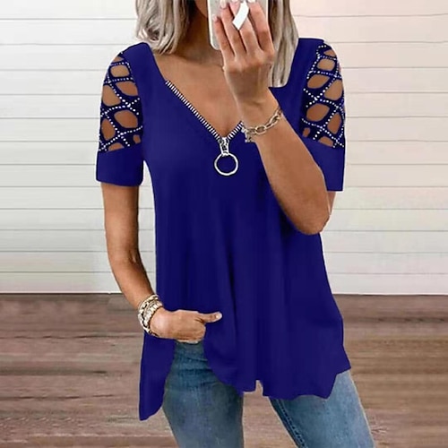 

2022 Cross-Border Spring And Summer New Independent Station Amazon Fashion V-Neck Solid Color Hollow Sleeves Hot Drill Casual Top Women's T