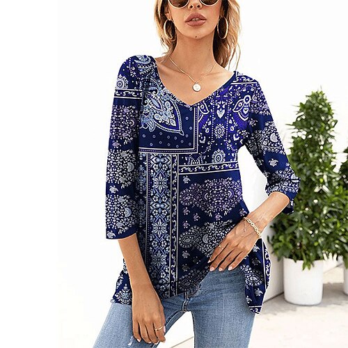 

Women's T shirt Tee Flower Casual Daily Floral T shirt Tee 3/4 Length Sleeve Print V Neck Basic Essential Blue S / 3D Print