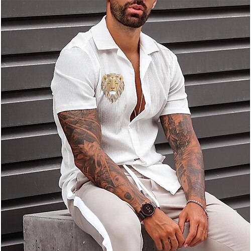 

Men's Shirt Solid Color Lion Turndown Street Casual Button-Down Print Half Sleeve Tops Designer Casual Fashion Breathable White / Summer
