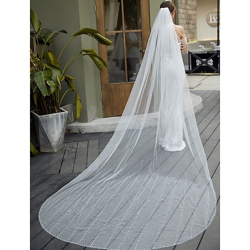 

One-tier Elegant & Luxurious / Classic Wedding Veil Cathedral Veils with Faux Pearl 118.11 in (300cm) Tulle