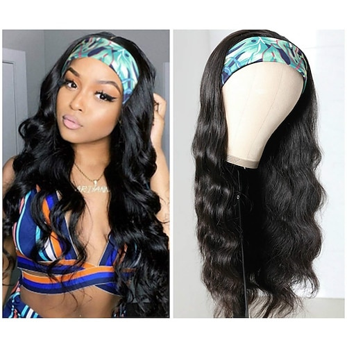 

Human Hair Wig Body Wave With Headband Natural Black Adjustable Easy to Carry Natural Hairline Machine Made Brazilian Hair Women's Natural Black #1B 18 inch 20 inch 22 inch Party / Evening Daily Wear