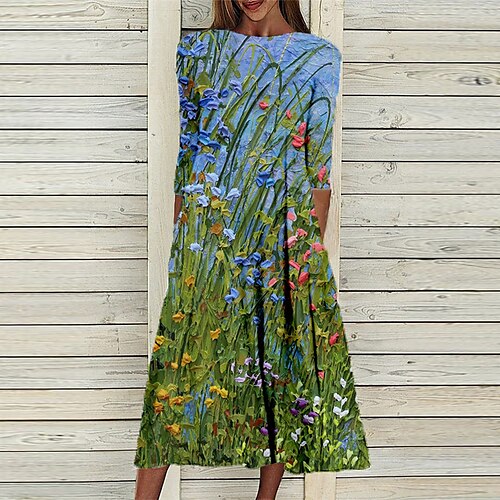 

Women's Shift Dress Midi Dress Blue Purple Pink 3/4 Length Sleeve Floral Ruched Print Fall Spring Round Neck Casual Vacation 2022 S M L XL XXL 3XL