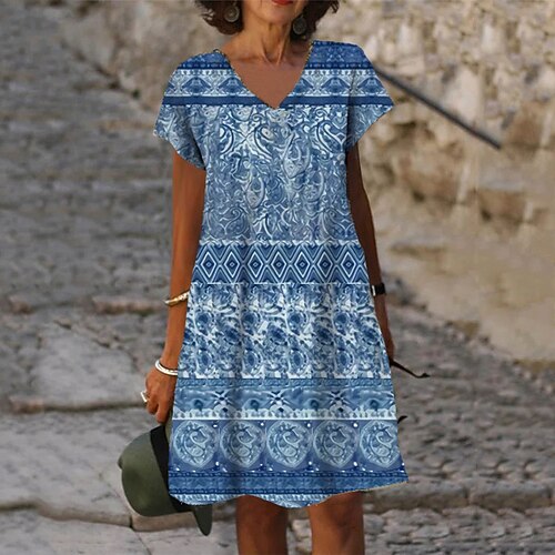 

Women's Shift Dress Knee Length Dress Blue Gray Red Short Sleeve Floral Print Spring Summer V Neck Casual Vacation 2022 S M L XL XXL 3XL