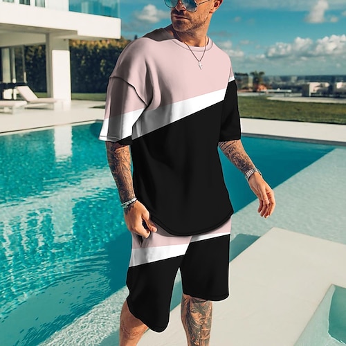 

Men's Shorts and T Shirt Set T-Shirt Outfits Graphic Geometric Crew Neck Blue Pink White 3D Print Street Daily Short Sleeve Print Clothing Apparel 2pcs Basic Fashion Lightweight Casual / Summer