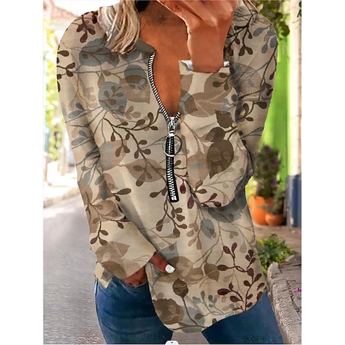 

Women's Sweatshirt Flower Patchwork Print V Neck Casual Daily Sports 3D Print Sportswear Casual Hoodies Sweatshirts Loose Khaki
