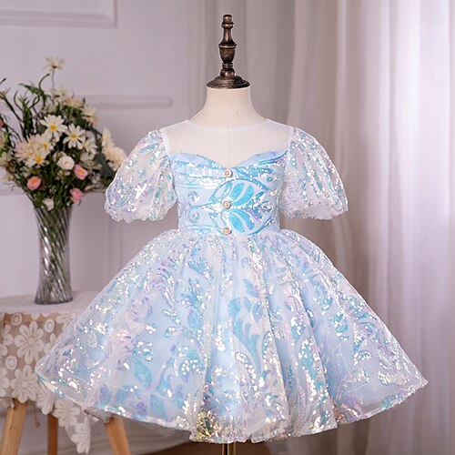 

Kids Little Girls' Dress Sequin A Line Dress Special Occasion Birthday Sequins Sparkle Blue Knee-length Short Sleeve Princess Cute Dresses Summer Regular Fit 3-12 Years