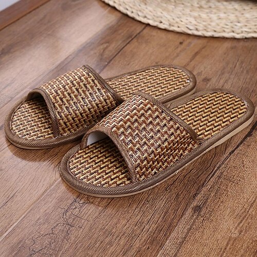 

Natural Tropical Rattan Couple Home Slippers, Comfy Indoor House Shoes, Open Toe Slides for Summer Lightweight Slippers