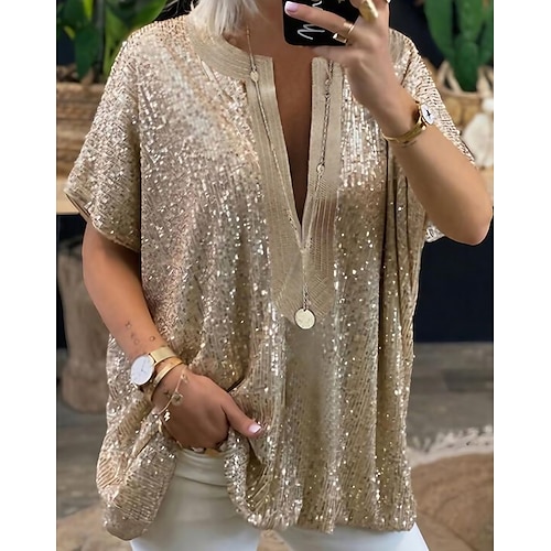 

Women's Shirt Blouse Silver Gold Plain Sequins Half Sleeve Party Date Fashion Streetwear Mature V Neck Plus Size