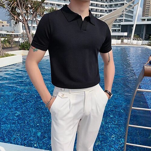 

Men's Collar Polo Shirt Knit Polo Sweater Golf Shirt Solid Color Turndown Navy Blue Outdoor Street Short Sleeve Button-Down Clothing Apparel Cotton Fashion Casual Breathable Comfortable / Summer