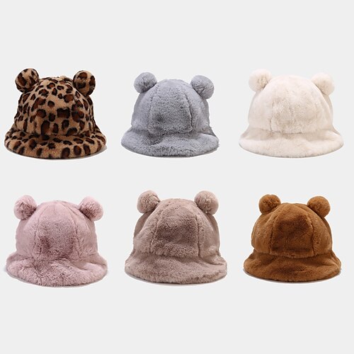 

Fashion Autumn Winter Leopard Comfortable Bucket Hat with Ear Ball Plush Fisherman Hat Soft Warm Thick Basin Hat Protection Bucket Hats