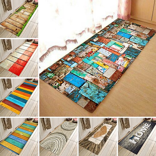 

Wooden Planks Colorful Stripes Fabric Printing Home Entrance Floor Mats Mattresses Bathroom Absorbent Foot Pads