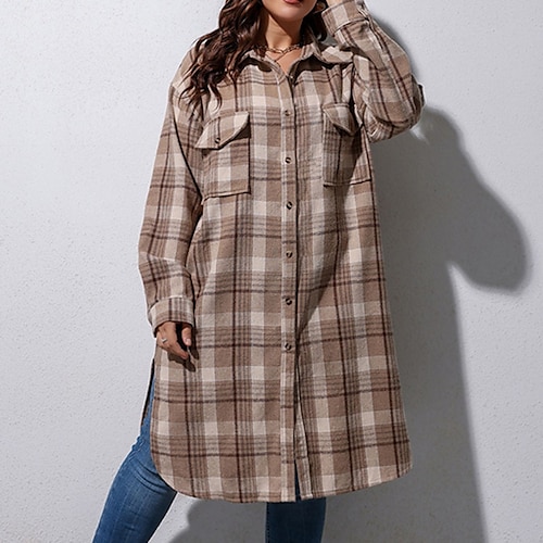 

Women's Plus Size Coat Pocket Print Plaid Causal Vacation Long Sleeve Turndown Long Fall Winter Khaki L XL XXL 3XL 4XL