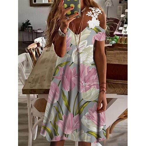 

Women's A Line Dress Knee Length Dress Gray Short Sleeve Floral Lace Cold Shoulder Print Spring Summer V Neck Casual Vacation 2022 S M L XL XXL 3XL