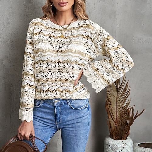 

Women's Pullover Sweater Jumper Crochet Knit Stripe Knitted Striped Crew Neck Stylish Casual Home Daily Fall Winter Khaki S M L / Long Sleeve