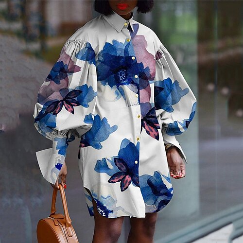 

Women's Plus Size Tops Blouse Shirt Floral Print Long Sleeve Shirt Collar Streetwear Daily Going out Polyester Fall Spring Blue