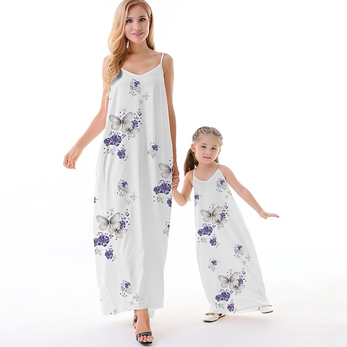 

Mommy and Me Dresses Animal Butterfly Daily Backless Purple Sleeveless Maxi Strap Dress 3D Print Active Matching Outfits / Vacation / Spring / Summer / Casual