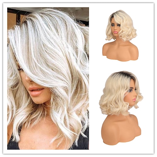 

Synthetic Wig Bouncy Curl Side Part Machine Made Wig 12 inch Synthetic Hair Women's Adjustable Color GradientHigh Quality Blonde