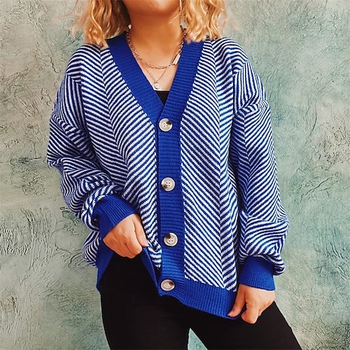 

Women's Cardigan Sweater Jumper Crochet Knit Stripe Knitted Striped V Neck Stylish Casual Daily Going out Fall Winter Green Black S M L / Long Sleeve