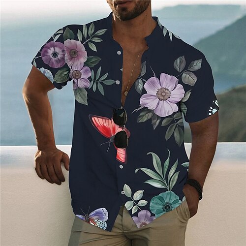 

Men's Shirt 3D Print Coconut Tree Stand Collar Casual Daily Button-Down Print Short Sleeve Tops Designer Casual Fashion Comfortable Navy Blue / Sports