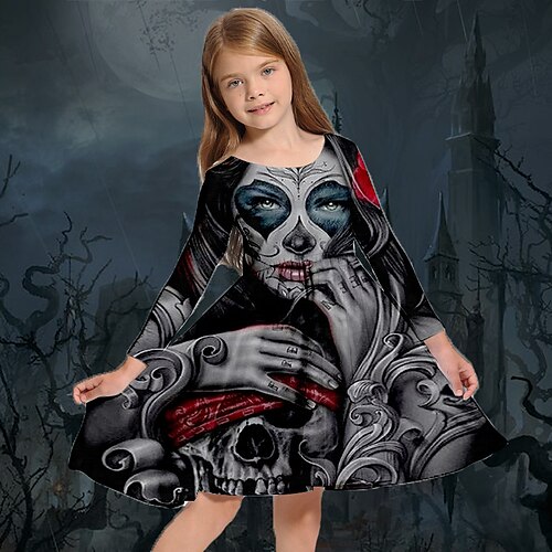 

Kids Little Girls' Dress Skull A Line Dress Halloween Holiday Vacation Print Black Above Knee Long Sleeve Gothic Vintage Punk Dresses Halloween Fall Spring Regular Fit 3-10 Years