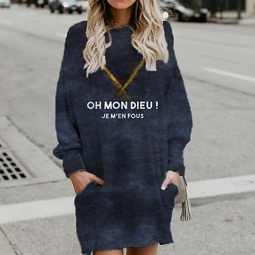 

Women's Shift Dress Short Mini Dress Blue Long Sleeve Fall Letter Pocket Print Fall Winter Hooded Casual 2022 S M L XL XXL 3XL