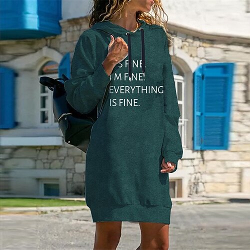 

Women's Shift Dress Short Mini Dress Green Long Sleeve Fall Letter Print Fall Spring Hooded Casual 2022 S M L XL XXL 3XL