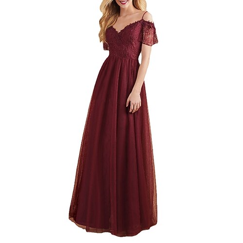 

Women's Party Dress Maxi long Dress Wine Short Sleeve Pure Color Lace Cold Shoulder Spring Summer V Neck Party Elegant 2022 S M L XL
