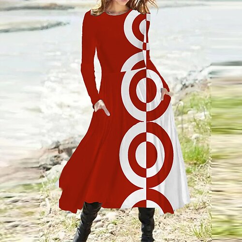 

Women's A Line Dress Midi Dress Green Black Red Long Sleeve Geometric Pocket Print Fall Spring Round Neck Casual Vacation 2022 S M L XL XXL 3XL