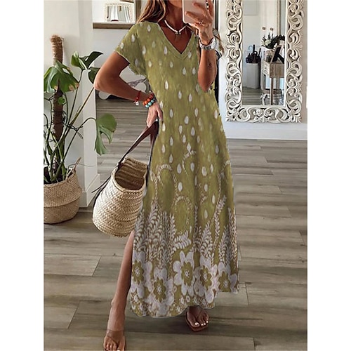 

Damen Casual kleid Etuikleid kleid lang Gelb Wein Marineblau Kurzarm Blumen Gespleisst Frühling Sommer V Ausschnitt Urlaub 2023 S M L XL XXL 3XL