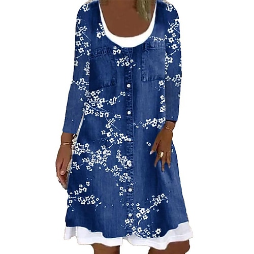 

Women's Denim Dress Knee Length Dress Black gray Blue Gray Red Long Sleeve Floral Pure Color Pocket Fake two piece Print Spring Summer Round Neck Casual 2022 S M L XL XXL 3XL 4XL 5XL