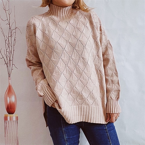 

Women's Pullover Sweater Jumper Ribbed Knit Knitted Asymmetric Hem Pure Color Turtleneck Stylish Casual Daily Going out Fall Winter White Black S M L / Long Sleeve