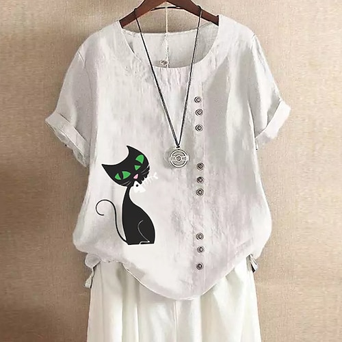 

Women's Plus Size Tops Blouse Shirt Cat Animal Button Print Short Sleeve Crewneck Vintage Daily Going out Linen Spring Summer Green White