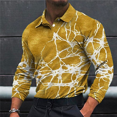 

Men's Collar Polo Shirt Golf Shirt Crack Turndown Yellow 3D Print Outdoor Street Long Sleeve Button-Down Print Clothing Apparel Fashion Designer Casual Breathable