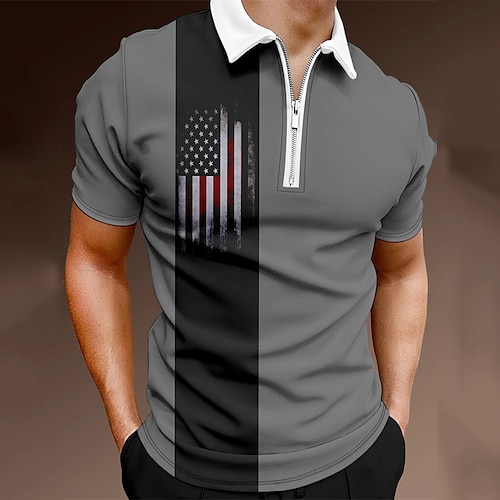 

Men's Collar Polo Shirt Golf Shirt National Flag Turndown Gray 3D Print Street Daily Short Sleeve Zipper 3D Clothing Apparel Fashion Casual Breathable Comfortable / Beach