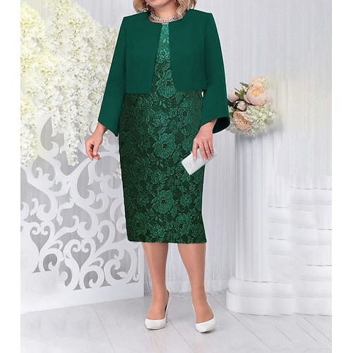 

Women's Plus Size Two Piece Dress Solid Color Crew Neck Lace 3/4 Length Sleeve Winter Fall Elegant Midi Dress Formal Party Dress