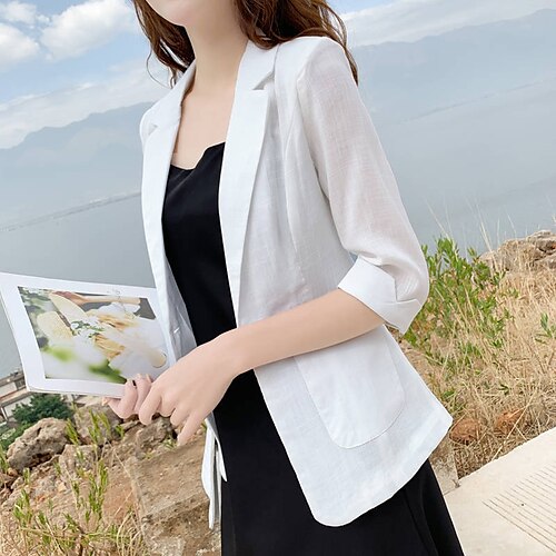 

Women's Blazer Outdoor Street Daily Spring Fall Regular Coat Regular Fit Breathable Streetwear Casual Jacket 3/4 Length Sleeve Solid Color Pocket White Black