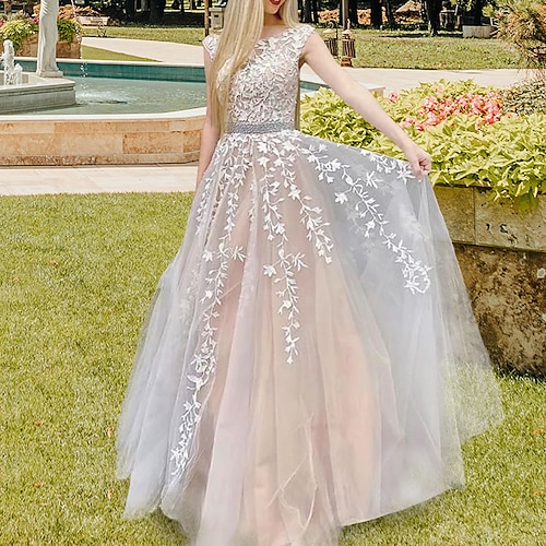 

Princess A-Line Wedding Dresses Jewel Neck Court Train Lace Tulle Sleeveless Country Romantic Backless with Sashes / Ribbons Appliques 2022