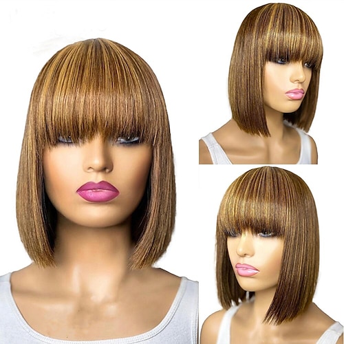 

Blonde Highlight Bob Human Hair Wigs For Black Women Brazilian Remy Scalp Top Full Machine Short Bob Wig With Bang