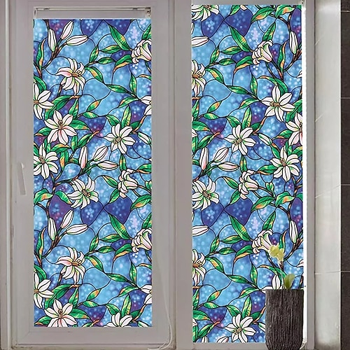 

100X45cm PVC Frosted Static Cling Blue Flowers Glass Film Window Privacy Sticker Home Bathroom Decortion / Window Film / Window Sticker / Door Sticker Wall Stickers for bedroom living room