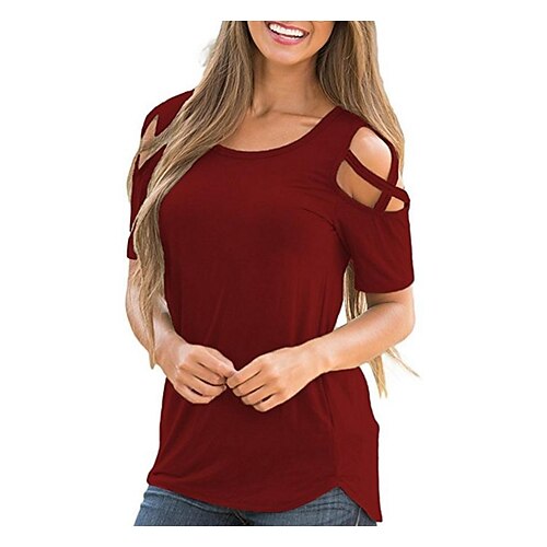 

2020 Summer Amazon's New T-Shirt Cross-Border Foreign Trade Solid Color Casual Hole Shoulder Lace T-Shirt Women's Spot