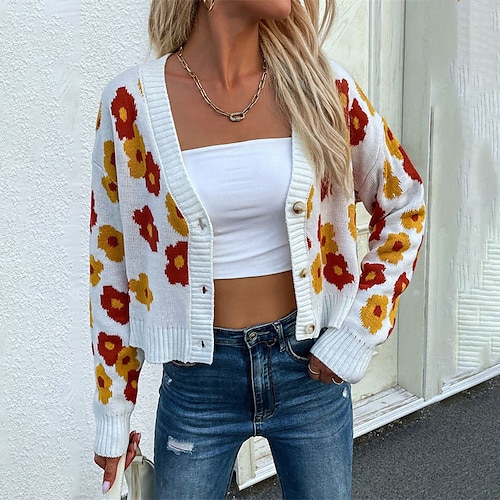 

Women's Cardigan Sweater Jumper Knit Knitted Button Floral V Neck Stylish Casual Daily Going out Fall Winter White S M L / Long Sleeve / Regular Fit / Print